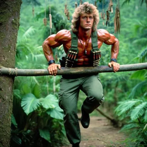 a film still from a 1980s soldier vietnam Rambo era movie, a muscular Mr Olympia soldier model man with blond wavy curly mullet hair is wearing a green parachute harness vest with ammo pockets, he is 