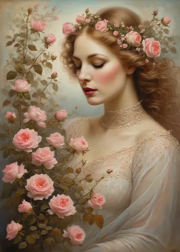 girl in flowers,scent of roses,wild roses,landscape rose,wild rose,rosebushes,romantic portrait,bibernell rose,rosa 'the fairy,way of the roses,beautiful girl with flowers,blooming roses,hedge rose,faery,mystical portrait of a girl,the sleeping rose,eglantine,noble roses,splendor of flowers,sky rose,Illustration,Realistic Fantasy,Realistic Fantasy 40