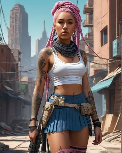 color layout in the form of strokes, balls, cubes, a young woman with long blue braids stands against a wall, her expression a mix of confidence and defiance. She wears a white crop top with a pink fl