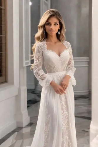 a woman wearing an ivory wedding gown with a sheer back and long sleeves,wedding dresses,wedding gown,blonde in wedding dress,bridal gown,wedding dress,kleinfeld