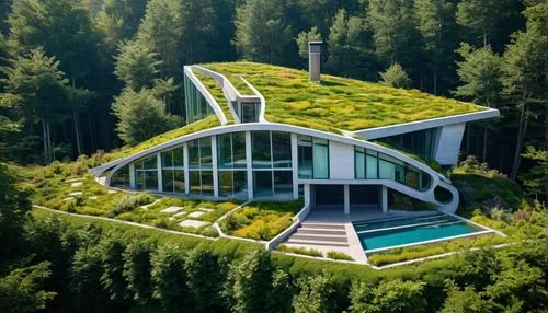 grass roof,earthship,forest house,greenhut,cubic house,futuristic architecture,Photography,General,Fantasy