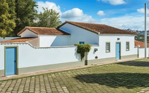 a white building with a blue door on the side,espinho,maceira,portalegre,malheiro,paracatu,padoa,Photography,General,Realistic