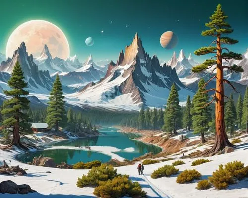 fantasy landscape,landscape background,ice planet,lunar landscape,cartoon video game background,salt meadow landscape,coniferous forest,snowy mountains,snow landscape,winter background,nature background,mountain scene,mountain landscape,alpine landscape,mountainous landscape,snowy landscape,snowy peaks,christmas snowy background,fantasy picture,terraformed,Conceptual Art,Sci-Fi,Sci-Fi 20