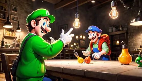 luigi,super mario brothers,mario bros,plumber,gnomes at table,romantic dinner,club mushroom,irish pub,nintendo,drinking establishment,3d fantasy,game characters,the pied piper of hamelin,mario,3d render,drinking party,table lamps,bar billiards,visual effect lighting,cartoon video game background,Anime,Anime,Cartoon