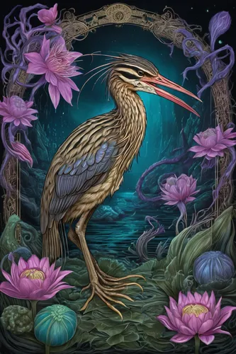 flower and bird illustration,spoon heron,bird painting,pacific heron,bird illustration,bittern on a flower,pelican,heron,swamp iris,constellation swan,great blue heron,wetland,great heron,peacocks carnation,american bittern,aquatic bird,fairy peacock,nature bird,birds of the sea,peacock,Illustration,Realistic Fantasy,Realistic Fantasy 47