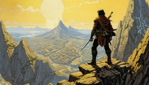 guards of the canyon,the wanderer,heroic fantasy,yellow mountains,mountain guide,via ferrata,adventurer,wanderer,nomad,arête,mountaineer,zion,towards the top of man,goat mountain,mountain world,travel poster,sentinel,the horizon,the spirit of the mountains,wander,Conceptual Art,Daily,Daily 09