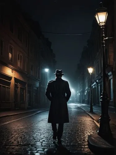 a city street at night with a detective under a streetlamp
,dickensian,nightwatchman,bulgakov,sherlock holmes,detective,clemenza,lamplighters,noir,film noir,gaslight,nightwatch,lamplight,samourai,dark