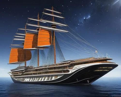 Imaginative space cruiseship windjammer shaped, modern cruise ship powered by advanced technology with sci-fi elements and sails like space windjammer
Artistic explorations of unconventional water tra