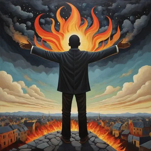 a person with his arms open towards the sky and looking at the sky as if demanding god with fire around hell,the conflagration,city in flames,pyrokinesis,firebrand,shadrach,flambard,igniting,conflagra