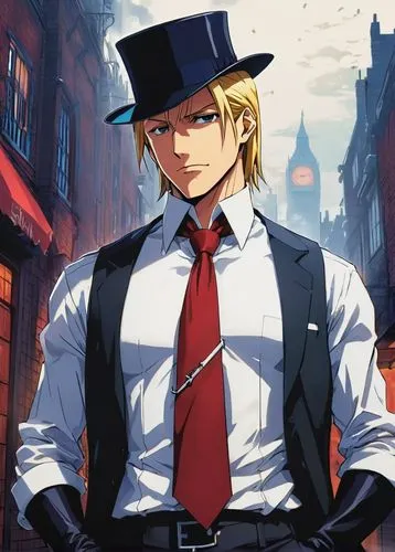 Older Edward Elric, mature gentleman, 30s, short black hair, sharp eyes, scar above left eyebrow, formal attire, white shirt, black vest, red tie, pocket watch, top hat, gloves, standing, serious expr