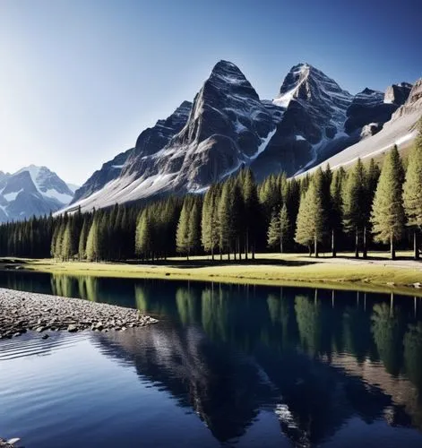 a mountain lake surrounded by trees near a forest,canadian rockies,landscape background,nature background,lake moraine,landscape mountains alps,mountain landscape,Photography,General,Realistic