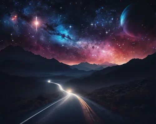 the road,road to nowhere,night highway,the way,road of the impossible,space art,long road,roads,road,space,universe,night sky,the night sky,open road,the mystical path,the universe,winding road,nightsky,journey,mountain road,Conceptual Art,Sci-Fi,Sci-Fi 30