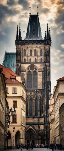 Prague Gothic architecture, grand cathedral, intricate stone carvings, ornate gargoyles, pointed arches, ribbed vaults, stunning stained glass windows, solemn atmosphere, dim lighting, mysterious shad