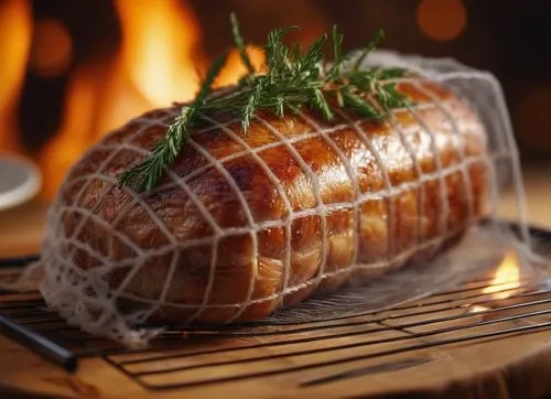 Ein Schweinbraten im Rollbratennetz wird angeschnitten. Keine grünen Zweige auf dem Braten,roasted duck,roast pork,roasted pigeon,rotisserie,roast duck,christmas menu,roasted chicken,porchetta,onion r