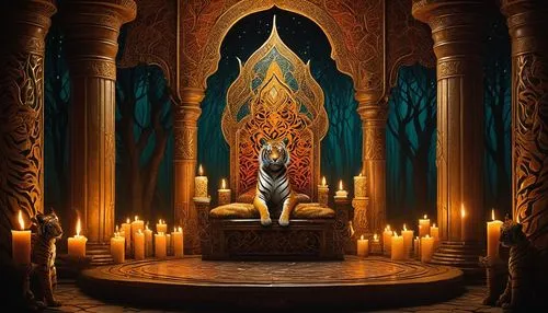 Flickering flames dance on the wicks of colossal, intricately designed candles, illuminating a pathway where a radiant princess sits on her magnificent throne. Beside her, a pair of regal tigers stand