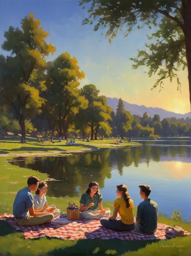 picnic,picnic basket,family picnic,picnic table,summer evening,picnic boat,campground,golf course background,palo alto,lakeside,children studying,campers,salt meadow landscape,summer day,idyllic,lake park,lafayette park,herman park,campsite,romantic scene,Illustration,Retro,Retro 09