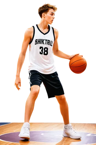 Basketball player, dynamic pose, athletic build, sweaty skin, messy short hair, intense facial expression, basketball in hand, white jersey with number, black shorts, sneakers, shiny floor, indoor bas