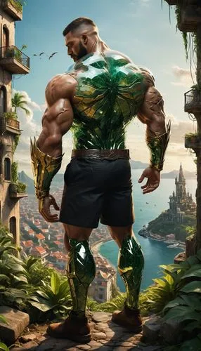 Dark Souls style, Horizon Style, create a scene A golden city on a tropical green hilltop with missiles arcing through the sky towards it, a man with tattoed powerful muscles going to this city 
прозр