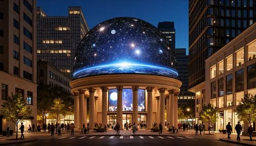 planetarium,musical dome,sky space concept,big marbles,spherion,ufo,starscape,cosmosphere,perisphere,technosphere,constellation pyxis,rockefeller plaza,planetariums,wqxr,starcenter,glass sphere,public art,noosphere,radio city music hall,globescan