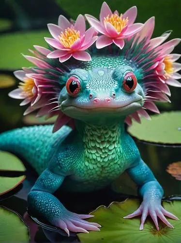 Anthro axolotl, cute face, big eyes, pink nose, feathery gills, smooth skin, vibrant turquoise scales, flowing locks of hair, flower crown, colorful tattoos, sitting on a lily pad, serene pond, water 