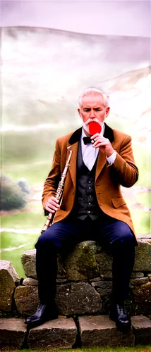 Irish traditional musician, male, old, white beard, worn tweed suit, brown waistcoat, white shirt, black trousers, holding wooden flute, playing solo, sitting on stone wall, misty morning, rolling hil