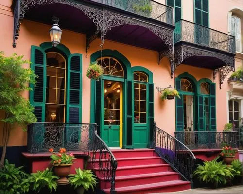 french quarters,new orleans,neworleans,brownstones,rowhouses,nola,old victorian,brownstone,row houses,front porch,beautiful buildings,dumaine,victorian,balconies,rowhouse,natchez,victorian house,colorful facade,bienville,italianate,Illustration,Abstract Fantasy,Abstract Fantasy 15