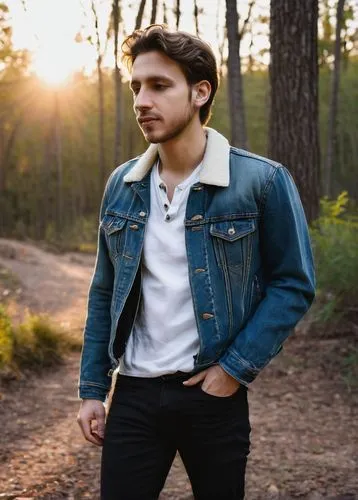 Jack Lawrence, Never Smile at a Crocodile lyrics, 
singer, solo, (30yo), messy brown hair, stubble, casual wear, denim jacket, white shirt, black jeans, sneakers, microphone, guitar, outdoor, forest, 