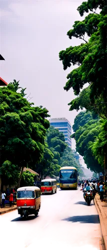 Kampala Road, Uganda, cityscape, daytime, sunny weather, paved road, busy traffic, colorful buses, matatus, motorbikes, pedestrians walking, street vendors, markets stalls, African people, traditional