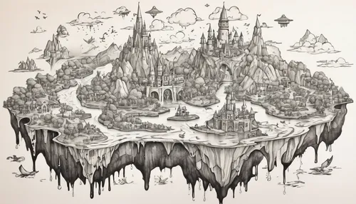 fantasy world,fantasy city,fairy world,fairy village,mushroom island,fairy tale castle,3d fantasy,fantasy landscape,mountain world,cartoon forest,fairy chimney,floating island,mushroom landscape,floating islands,cartography,swampy landscape,wonderland,mountain settlement,water castle,castles,Illustration,Black and White,Black and White 34