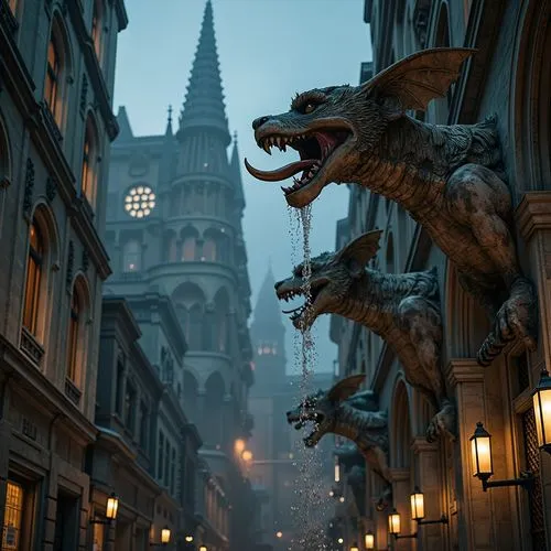 Intricate stone gargoyles, grotesque mythical creatures, water-spouting mouths, ornate architectural details, grand Gothic cathedrals, ribbed vaults, flying buttresses, stained glass windows, mysterio