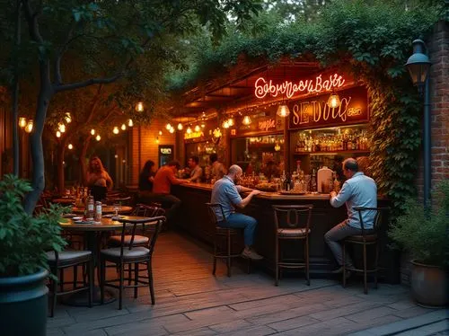 Suburban bar oasis, cozy atmosphere, lanterns hanging from trees, lush greenery, wooden patio, rattan furniture, soft cushions, warm lighting, sunset time, golden hour, relaxed patrons, laughter and c