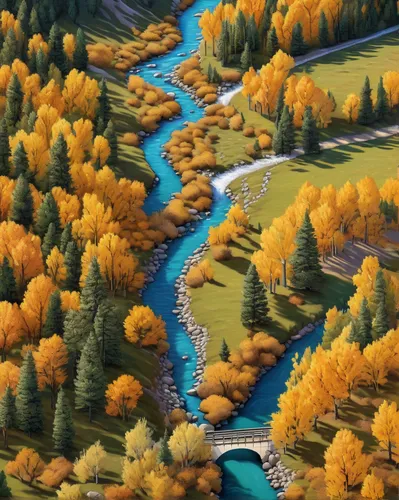 river landscape,autumn landscape,fall landscape,braided river,autumn mountains,a river,flowing creek,mountain river,aura river,mckenzie river,maligne river,fluvial landforms of streams,autumn scenery,larch forests,rivers,bow river,autumn forest,autumn trees,meanders,autumn idyll,Unique,3D,Isometric