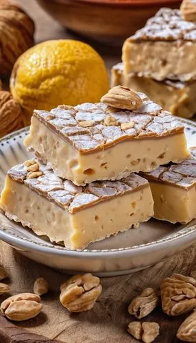 turrón,torrone,besan barfi,aquafaba,halva,wafer cookies,almond jelly,nut-nougat cream,almond tiles,almond biscuit,parmesan wafers,chikki,ricciarelli,shortbread,vasilopita,nougat corners,dulce de leche,nougat,pastilla,lefse,Photography,General,Realistic