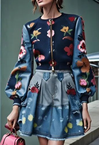 Fashion show ,woman in a denim skirt with flowers on it,marni,floral japanese,shirtdress,kimono,claudie,vintage floral,Photography,General,Realistic