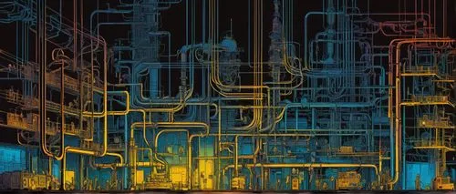 refinery,conduits,schuitema,refineries,metropolis,pipes,sedensky,transistor,neuromancer,oil refinery,industrial landscape,industrial tubes,schuiten,cybertown,moebius,industrial plant,chemical plant,industrial,deodato,cybercity,Illustration,Realistic Fantasy,Realistic Fantasy 04