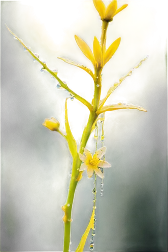 Wild weed, green stem, yellow flowers, delicate petals, leaves with serrated edges, tangled roots, earthy texture, morning dew, soft natural light, shallow depth of field, 3/4 composition, warm color 