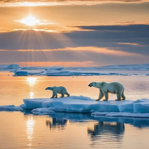 A polar bear and her cubs on the edge of an ice floe, with the Arctic sun on the horizon,polar bears,arctic ocean,arctic antarctica,ice bears,sea ice,polar bear children,greenland,arctic,antarctic,the