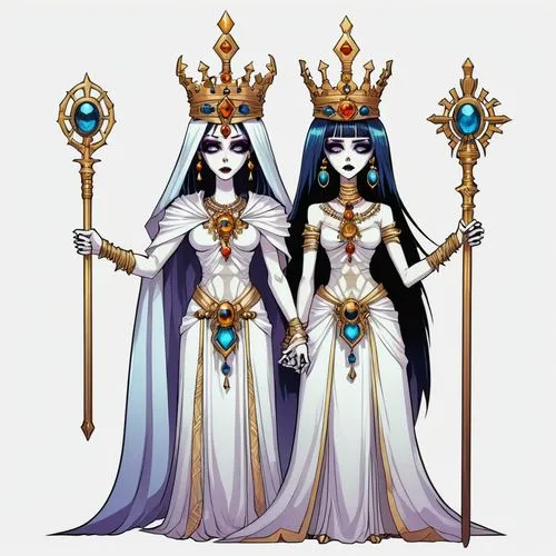 2d front sprite of a gothic colored spooky evil anime mummy goddess king and queen monster symbol, transparent background,two women in costumes are holding large ss instruments,priestesses,empresses,s