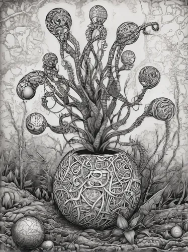 mushroom landscape,fungal science,spheres,fruiting bodies,cnidaria,cnidarian,embryo,medicinal mushroom,brassica,the grave in the earth,plant and roots,mandelbulb,plants bulbous,stony coral,fractals art,tree mushroom,regenerative,vegetables landscape,the vessel,terrarium,Illustration,Black and White,Black and White 11