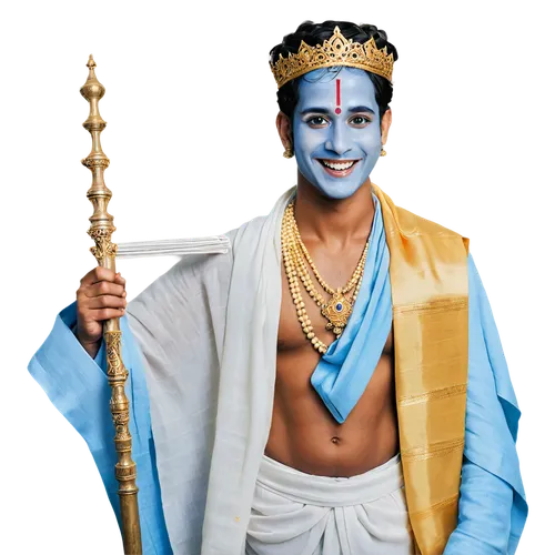 Hindu god, Lord Krishna, youthful, blue skin, crown, earrings, necklace, white dhoti, yellow shawl, holding flute, smiling, gentle eyes, soft facial features, ornate background, warm lighting, 3/4 com