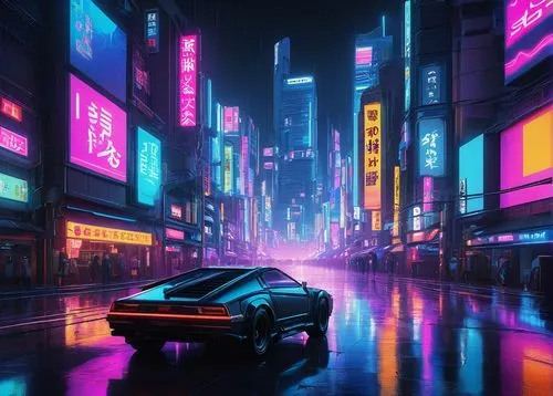 tokyo city,80's design,polara,tokyo,cyberpunk,neon arrows,shinjuku,retro background,bladerunner,cityscape,camaros,futuristic,3d car wallpaper,urban,aesthetic,colorful city,cybercity,synth,abstract retro,retro styled,Illustration,Realistic Fantasy,Realistic Fantasy 18