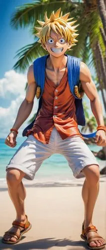 Luffy, One Piece, realistic, dynamic pose, muscular arms, energetic facial expression, spiky blonde hair, blue vest, white shirt, orange shorts, sandals, adventurous atmosphere, tropical island, palm 