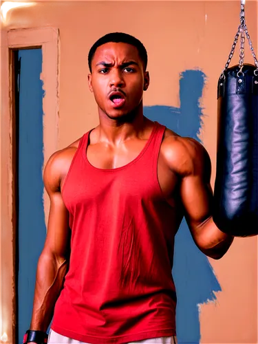 Hitting sound effects, dynamic movement, fist clenched, sweat dripping, intense facial expression, ripped sleeveless shirt, muscular arms, punching bag, gym setting, warm lighting, shallow depth of fi