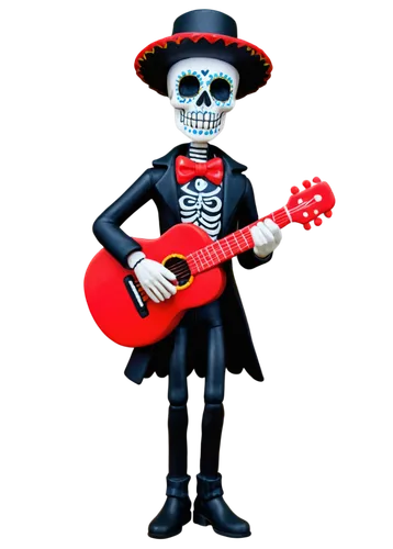 Mano Calavera, sugar skull, solo, (male), colorful costume, ornate face paint, red hat, black coat, white shirt, black pants, boots, holding guitar, standing, charismatic pose, dramatic lighting, vibr