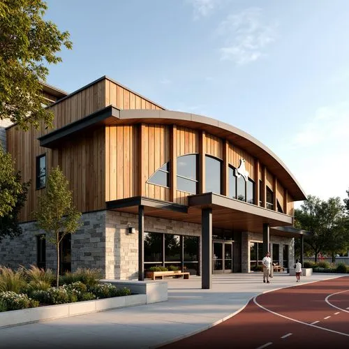 Rustic gymnasium facade, natural stone walls, wooden accents, earthy tones, curved lines, arched windows, metal roofing, modern vernacular style, large entrance, glass doors, athletic track, sports eq