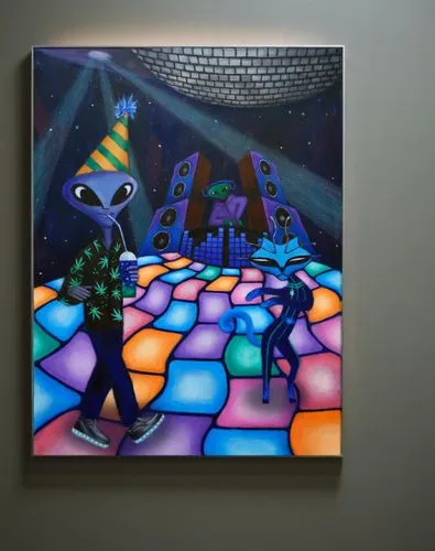 the painting in the frame on the wall,psychonauts,extraterrestrials,dichroic,martians,ufo interior,spacewalkers,alebrije,slide canvas,glass painting,spacemen,art gallery,interdimensional,extraterrestr