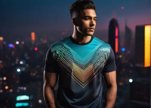 Modern t-shirt, futuristic design, geometric patterns, neon lights, metallic accents, 3D printed texture, urban cityscape, skyscraper background, evening atmosphere, soft focus, cinematic composition,