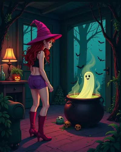 a cute ghost coming out of a bubbling cauldron,fantasma,witch's hat icon,halloween illustration,halloween scene,marceline,halloween witch