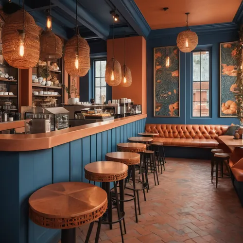 Interior design of a coffee shop, maximalist style, dusk blue and terracotta and cantaloupe color,bar stools,wine bar,tile kitchen,the coffee shop,bar counter,salt bar,corten steel,taproom,liquor bar,