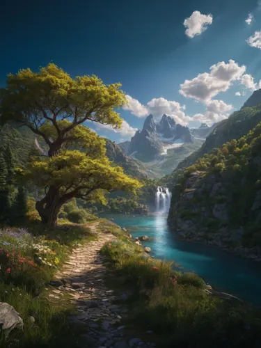 fantasy landscape,landscape background,fantasy picture,world digital painting,elven forest,3d fantasy,mountain scene,druid grove,cartoon video game background,mountain landscape,lone tree,forest landscape,nature landscape,high landscape,mountain world,an island far away landscape,fantasy art,virtual landscape,hiking path,mountain spring